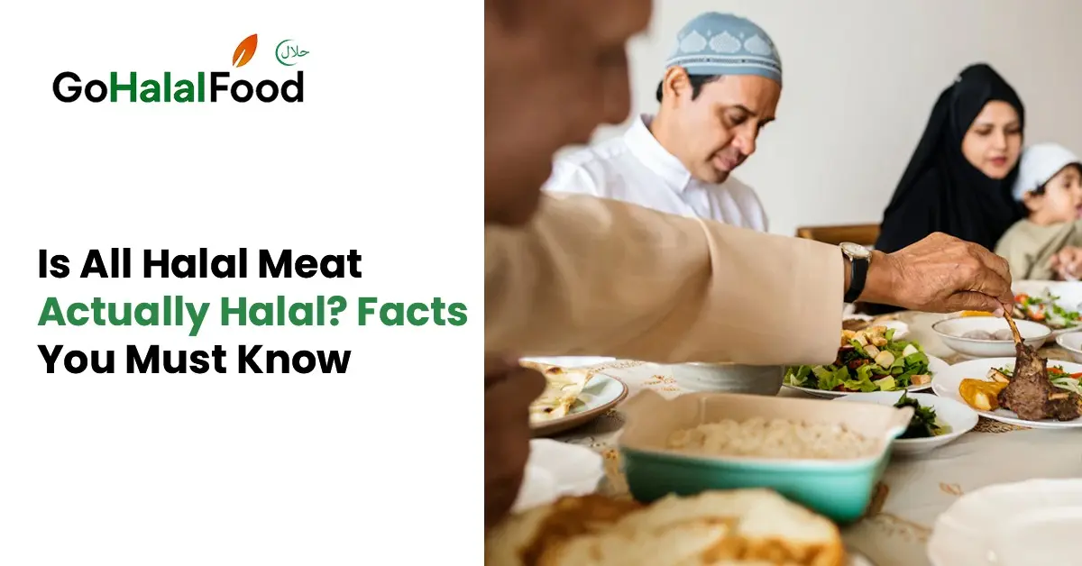 Muslim family sharing halal meal at dining table, illustrating questions about halal meat authenticity and food practices now
