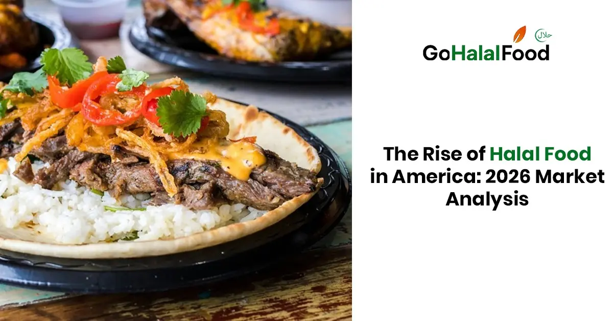 Halal beef rice platter topped with sauce and fresh herbs, representing the growing halal food market and consumer demand in America