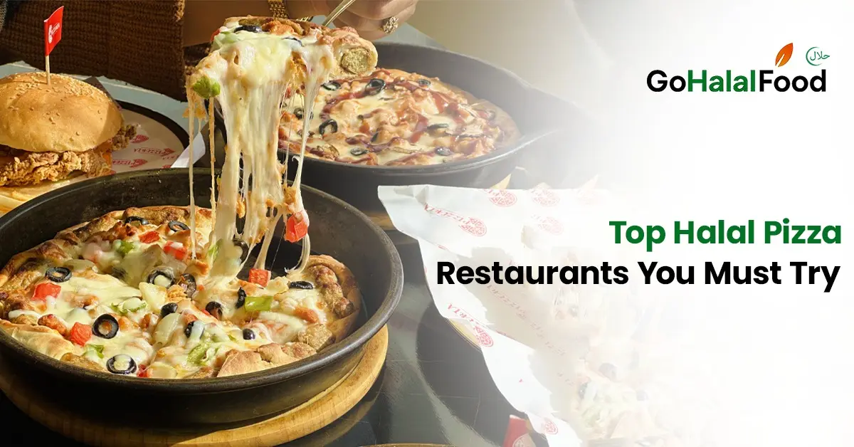 Halal pizza with melted cheese pull topped with olives and vegetables served hot showcasing popular halal pizza restaurants.