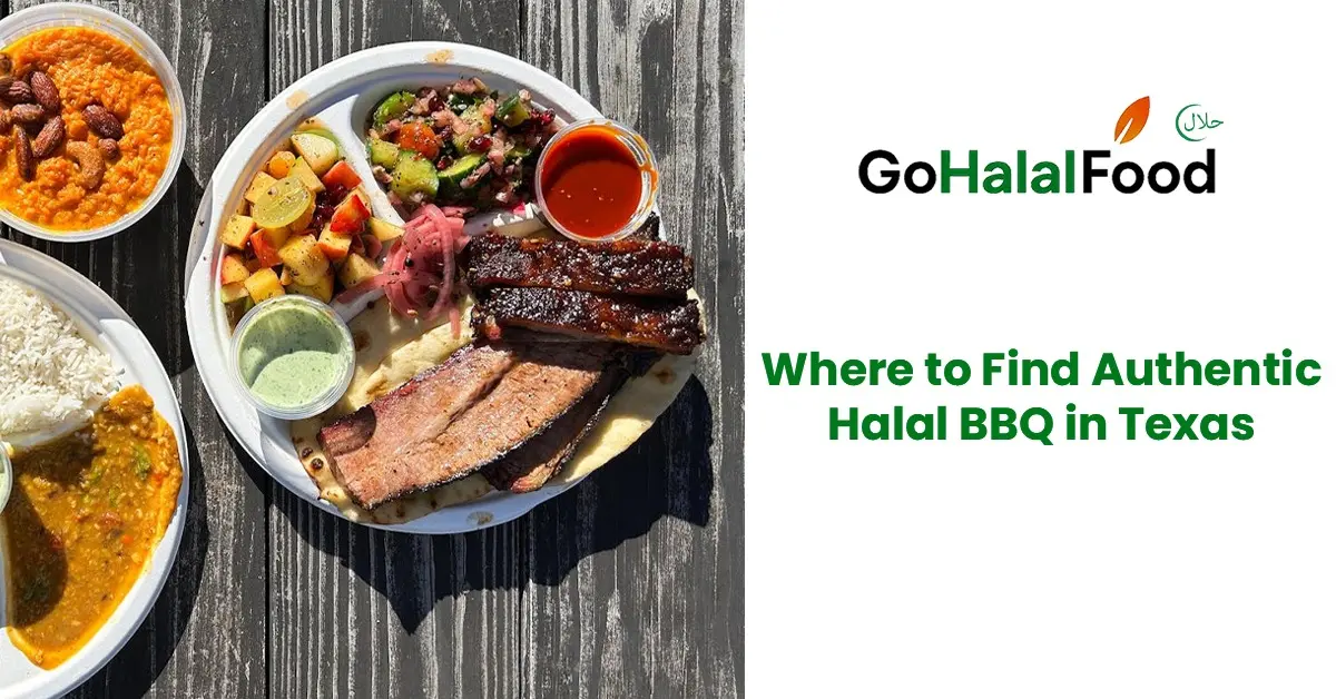 Authentic halal BBQ platter in Texas with smoked brisket ribs rice sides sauces showcasing traditional halal barbecue dinin